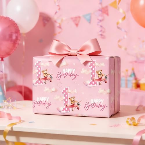UNTROCHU Baby Girl 1st Birthday Wrapping Paper Roll - Pink Girly Airplane Teddy Bear First Birthday Gift Wrap for Baby Shower,Party Decoration - Total 28.5sq.ft — view 4