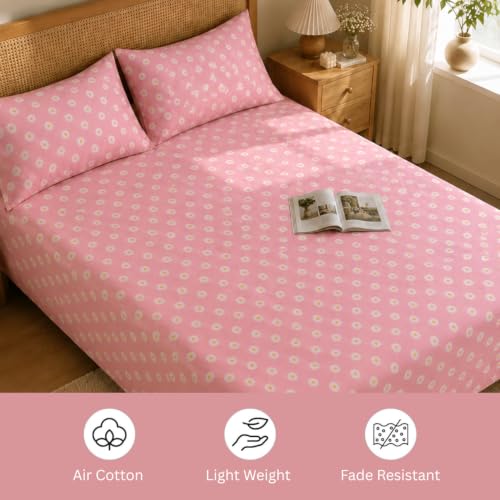 Image of Marrow Lane 300 TC Soft Air Cotton Double Bedsheet | Daisy Meadow | Flatsheet with 2 Pillow Covers | Pink Floral Print (228.6 x 254 cm, Pink & White)