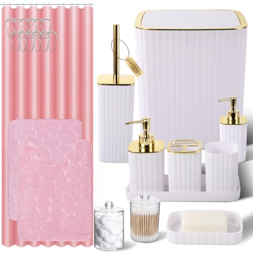 Bathroom Accessories Set- 25PC White Bathroom Set, Bathroom Set with Shower Curtain and Rugs, Pink Shower Curtain Set, Soap Dish & Trash Can