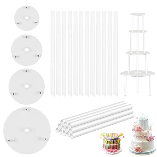 AMSGANK Soporte para Tartas Reutilizable, 4 Base Soporte Tartas (9/12/16/20 cm) con 24 Pasadores de Plástico Tartas Apiladas en Niveles que Decoran Bodas, Fiestas de Cumpleaños