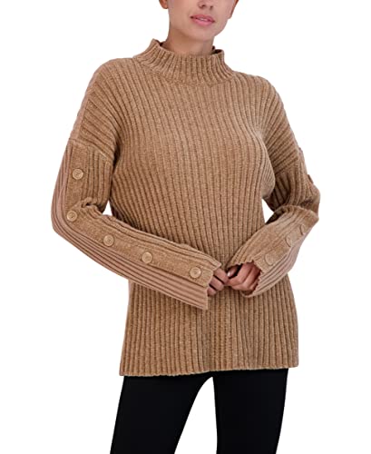 Bcbgmaxazria Women's Relaxed Button Sweater Long Sleeve Mock Neck Top, Camel, Large #TOP21