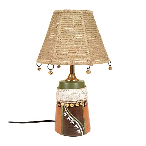 Image of AAKRITI ART CREATIONS Terracotta Table Lamp for Study Room, Bedroom & Living Room Decoration | Kalamkari Handwoven Tribal Pattern Bedside Lamp with Jute Fabric Shade | Aesthetic Night Lamp