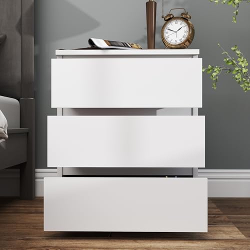 Image of Modern Nightstand Bedside Table with 3 Drawers, End Table Sofa Side Table with Cut-Out Handle for Bedroom (1, White)