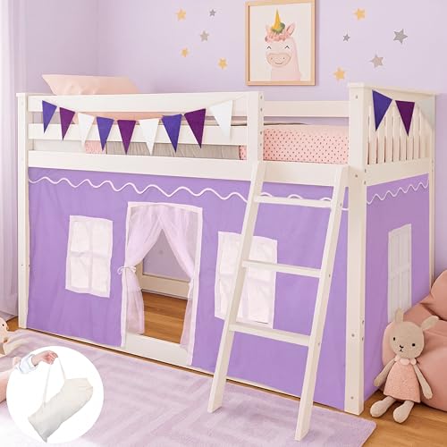 Breling 3 Panel Bunk Bed Curtains for Bottom Loft Bed Tent Set with Felt Flag Double-Layer Twin Bunk Curtains Playhouse Accessories for Boy Girl Bedroom(Purple,Classic)