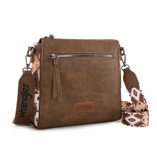Wrangler Aztec Crossbody Purse Medium Shoulder Bags for Women Western Handbag with Guitar Strap, Light Brown Coffee, 9.5"D x 3" W x 9.3"H