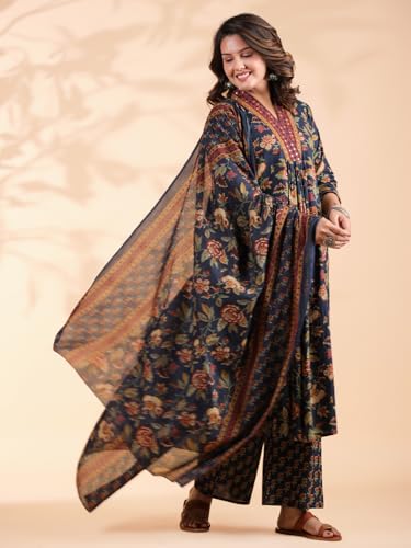 Image of Vbuyz Women Floral Print With Mirror Work Cotton Kurta Palazzo With Dupatta
