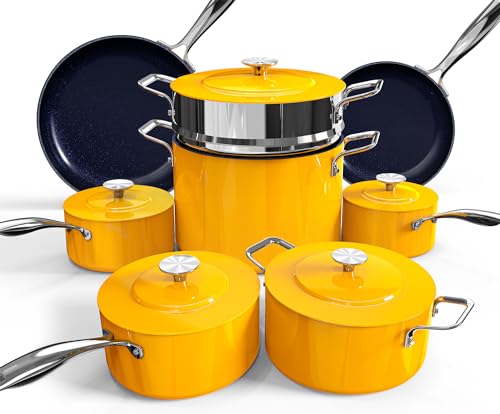 Comparison: Best Yellow Non Stick Cookware Set 4 Nuwave Lux 13pc Forged Lightweight Cookware Set PFAS Free, Healthy G10 Duralon Ceramic Coating, Ultra Non-Stick, Stay-Cool Handles, Works on All Cooktops & Induction Ready