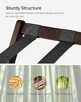 SONGMICS Luggage Rack, Folding Suitcase Stand with Storage Shelf, for Guest Room, Hotel, Bedroom, Heavy-Duty, Holds up to 131 lb, Chestnut Brown URLR007R01