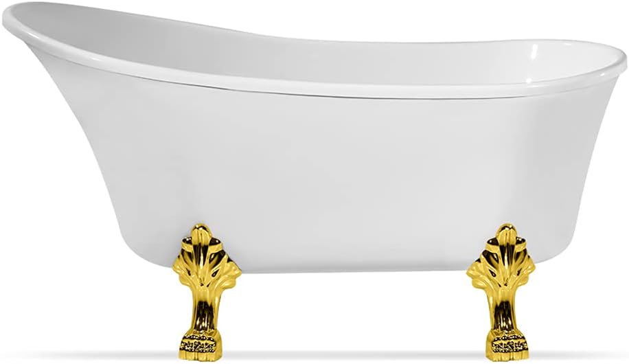 Streamline 63" Clawfoot Soaking Bathtub – Glossy White Acrylic Tub with Polished Gold Internal Drain – Elegant Oval Design with Bamboo Tray – 72 Gallon Capacity