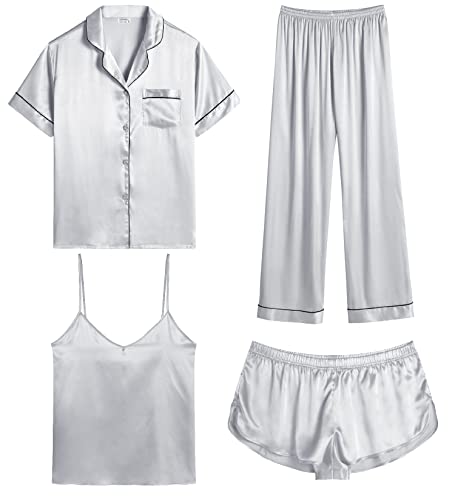 Image of SWOMOG Womens Silk Satin Pajamas Sets 4pcs Sleepwear Sexy Cami Shorts Set and Button Down Short Sleeve Pjs Loungewear