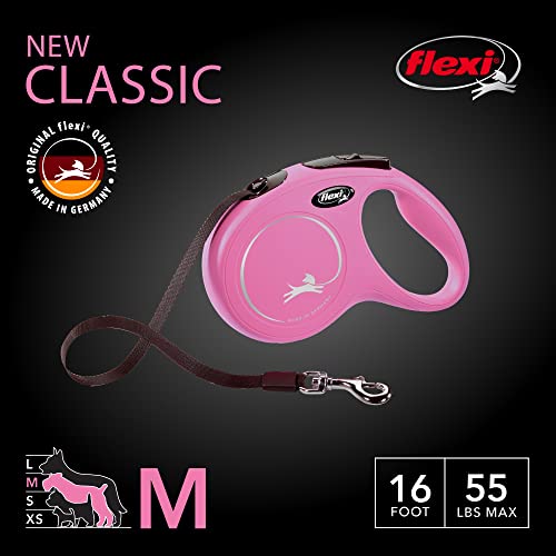 Flexi® New Classic Retractable Dog Leash (Tape), Ergonomic, Durable And Tangle Free Pet Walking Leash For Dogs, 16 Ft, Medium, Pink #TOP1