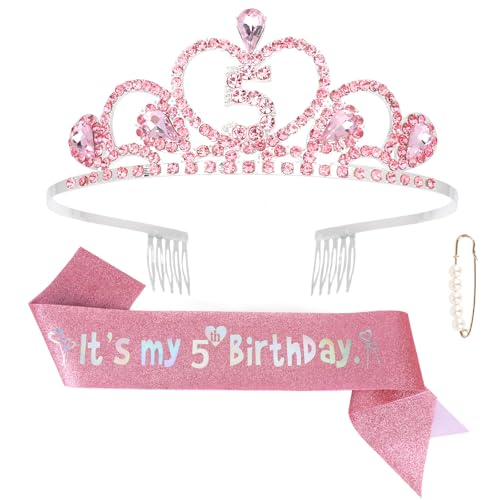 Jaciya 5th Birthday Crown & Sash Pink Birthday Decorations