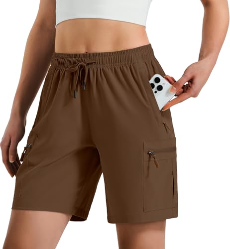 Hugut Women's Lightweight Hiking Cargo Shorts Quick Dry Athletic Shorts Camping Travel Golf Zipper Pockets Water Resistant Brown