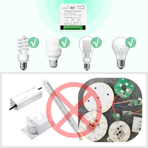 Tedeligo Variateur D'éclairage Interrupteur Sans Fil Avec Télécommandes, AC220V Gradateur Pour LED Et Halogènes 10W-150W, Compatible Avec Les Variateurs De Panneau Mural (Pas Besoin De Wi-Fi) – vue 5