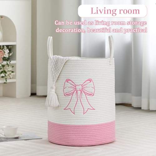 Image of Honeydak Pink Bow Cotton Rope Laundry Basket Hamper, Bowknot