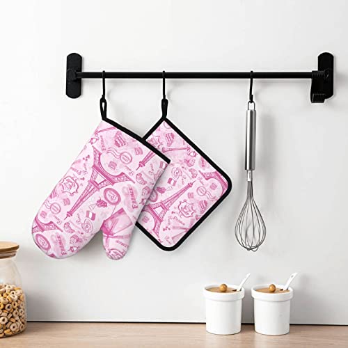 Paris Eiffel Tower France Silicone Oven Mitts And Pot Holders Sets Non-Slip Heat Resistant Oven Gloves Kitchen Potholder With Soft Quilted Cotton Lining For Cooking Baking Bbq Grilling #TOP5