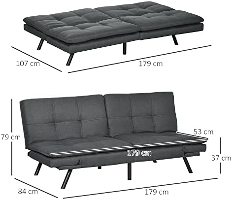 HOMCOM Tufted 3 Seater Sofa Bed, Upholstered Click Clack Sofa Bed with Adjustable Armrests and Backrest for Living Room and Bedroom, Grey