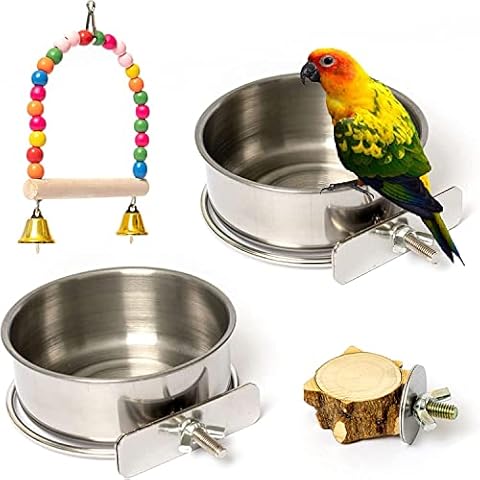 Vogel Futternapf Klein 2 Stück,Futternapf Vogel Edelstahl zum Einhangen mit Halter Vogelnapf für Käfig Vogel Nymphensittich Käfig(2 Schalen&2 Stück Sitzstangen für Vögel) Cover