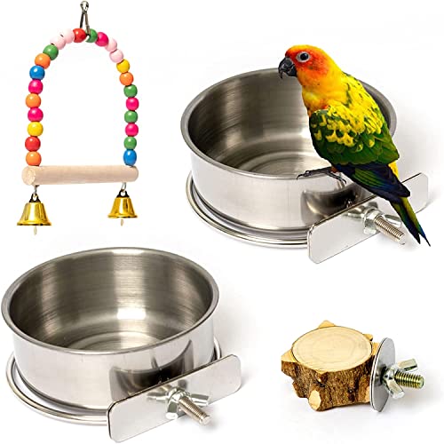 Vogel Futternapf Klein 2 Stück,Futternapf Vogel Edelstahl zum Einhangen mit Halter Vogelnapf für Käfig Vogel Nymphensittich Käfig(2 Schalen&2 Stück Sitzstangen für Vögel) Cover