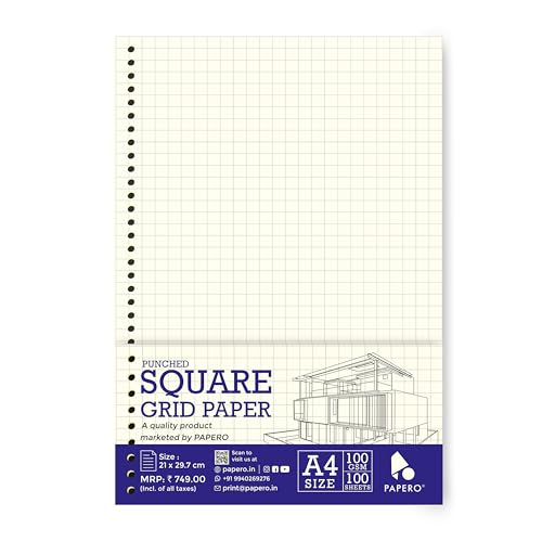 PaperO A4 Punched Loose Leaf Square Grid Sheets/Grid Paper | 100 GSM | 100 Sheets | A4 (21 x 29.7 cm) | Ideal for Artists & Designers | Suitable for Spiral Binding