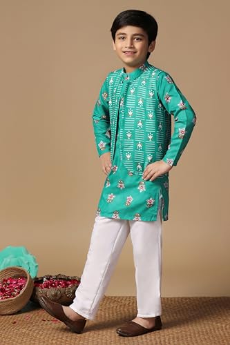 Image of Fashion Dream Boy's Cotton Blend Printed Kurta Pyjama And Jacket Set|Kurta And Payjama Set