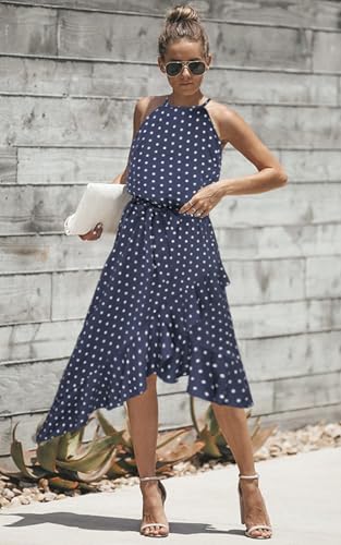 Image of ECOWISH Polka Dot Women Summer Dresses Casual Midi A Line Ruffle High Low Sleeveless Boho Floral Halterneck Cocktail Sundress