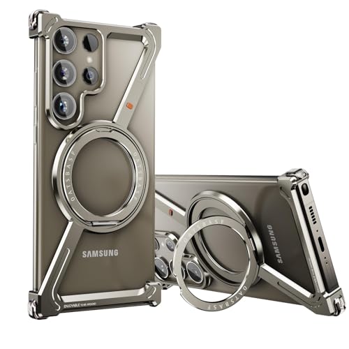 PANPHEN Minimalist Phone Case Compatible with Samsung Galaxy S24 Ultra, 360° Rotation Kickstand Aluminum Metal Frameless Design Bumper Case, Protective Shock Grade Shell, Natural Titanium