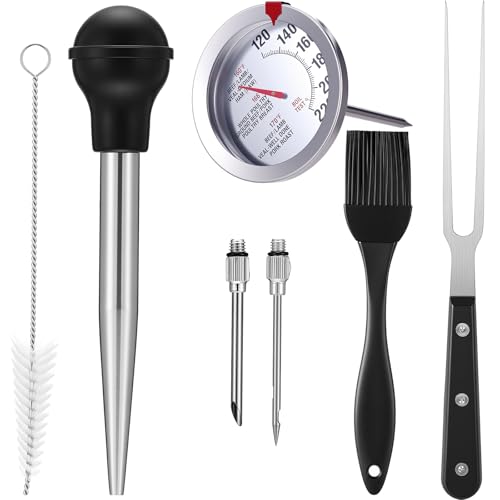 Relaxweex Thanksgiving Stainless Steel Turkey Baster Set with Meat Baster, Stainless Steel Probe Food Thermometer, Meat Fork Cleaning Brush Basting Brush for Kitchen BBQ Cooking Christmas Small Gift