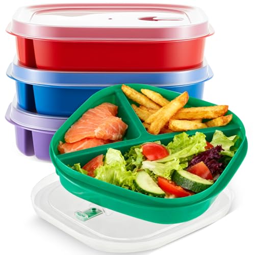 Hushee 4 Pcs Microwave Food Storage Tray Containers with Ventilation Lids 3 Compartment Square Divided Plates BPA-Free Portion Plate Fits Microwave Refrigerator-8.7 x 8.7 x 2.0 Inches