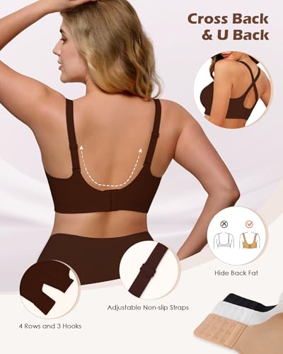 As Fairy Women's Seamless Wireless Push Up Comfort Bras V Neck Back Smoothing Bralette Full Coverage Lightly Pad Bra Coffee 38DD — view 4