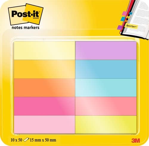 Post-it Notes Marker, Pack of 10 Pads, 50 Markers per Pad,12.7 mm x 44.4 mm, Yellow, Orange, Pink, Purple, Blue, Green Colors - To Mark, Highlight or Color Code Important Information