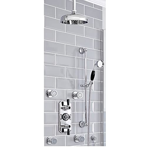 Milano Elizabeth Thermostatic Mixer Valve 205mm Shower Head Body Jets Slide Rail - Chrome Black