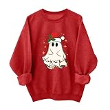 AnnSemo Sudaderas de gran tamaño para mujer, cuello redondo, manga larga, casual, ajuste holgado, suéteres de Navidad, blusas para mujer, camisetas de Navidad para mujer, 03 Rojo, M