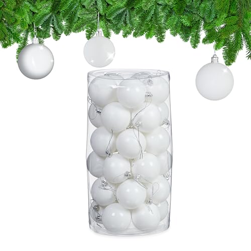 Relaxdays Weihnachtskugeln im 30er Set, Kunststoff, D: 6 cm, runde Weihnachtsbaumdeko, Baumschmuck bruchsicher, weiß
