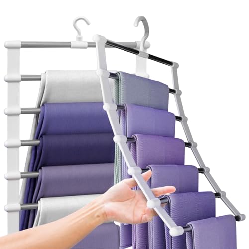 Bosmsaslad 2 Pcs Cintre Pantalon, 6 en 1 Cintres pour Pantalons Acier Inoxydable, Antidérapants Pliables Porte-Pantalons Crochet Rotatif 360°, Multifonctions Cintre Gain de Place pour Écharpes, Jeans