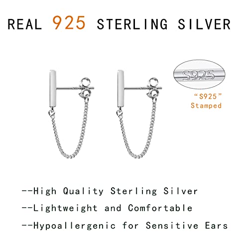 Reffeer 925 Sterling Silver Stud Earrings Minimalist Bar Earrings With Chain Dangle Earrings For Women (A-Silver) #TOP5