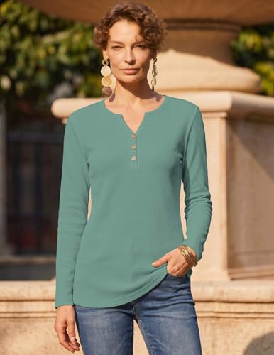 Zeagoo Tops for Women Long Sleeve Womens Tops 2026 V Neck Waffle Knit Shirts Casual Blouses Fall Fashion Tunic M Grayish Green — view 5