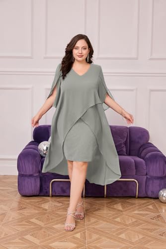 Image of Hanna Nikole Womens Plus Size Chiffon Cocktail Dress Ruffle 3 /4 Sleeve Wedding Guest Party Dresses with High Low Hem