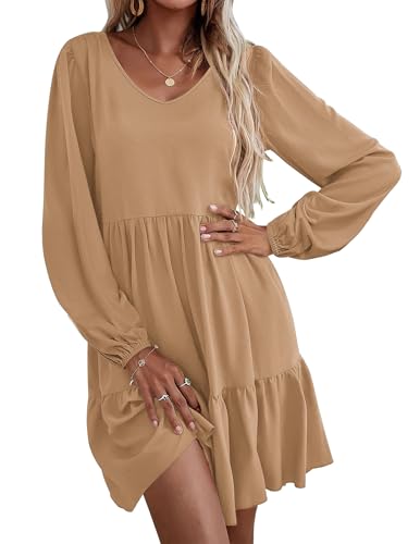 HOTOUCH Womens Casual A Line Dress V Neck Tiered Long Sleeve Fit Swing Dress with Pockets Loose Ruffled Dresses