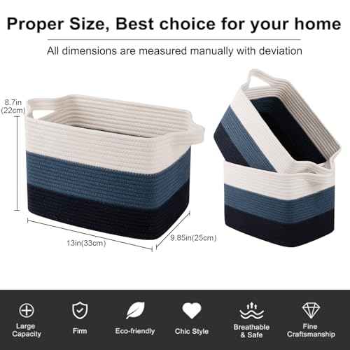 Image of OIAHOMY Storage Basket, Woven Baskets for Storage, Cotton Rope Basket for toys,Towel Baskets for Bathroom - Pack of 3, Gradient Blue