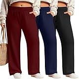 Oakgarden 3 Pack Women's Plus Size Sweatpants Casual Wide Leg Interior Drawstring High Waist Yoga Baggy Pants with Pockets(Black, Navy Blue, Wine Red,3X-Large)