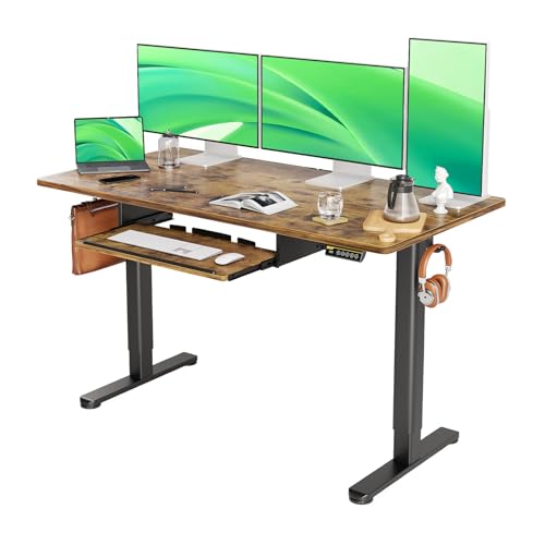 Claiks Escritorio eléctrico de altura regulable con bandeja para teclado, 140 x 60 cm, altura regulable, escritorio de ordenador con función de memoria, escritorio de pie, color marrón vintage