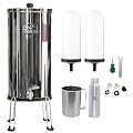 Filteroo Superoo 5.28 Gallons / 20L Countertop Stainless Steel Gravity Water Filter System w/ 2 Ceramic Chlorine & Fluoride Reduction Elements, Stand, Pitcher & Jug, 10yr Warranty, for Home & Outdoor