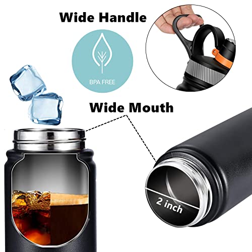 Dlandxi 24 Oz Insulated Stainless Steel Water Bottle With Straw Double-Wall Vacuum Thermal Keep Warm Cold For Kids Adults(Black) #TOP3