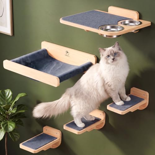 Solid Pine Cat Wall Shelves with Bowls