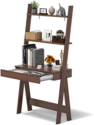 Tangkula Ladder Desk with Countertop & Drawer, Freestanding 2-Tier Ladder Shelf Desk, Modern Computer Desk Laptop Table with Storage Bookshelf, Anti-Toppling Device (Walnut)