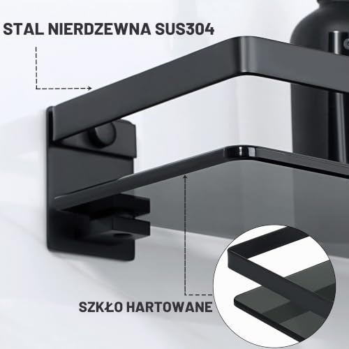 SAYAYO 50cm Łazienkowa szklana półka, pływające półki z szyną ze stali nierdzewnej SUS304, Czarny półki do przechowywania, półki do prysznic montowane na ścianie, EGDL1001-50-B
