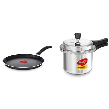 Pigeon by Stovekraft Favourite Outer Lid Non Induction Aluminium Pressure Cooker, 3 litres, Silver + Special Non-Stick Aluminium Flat Tawa, 280mm, Black Combo