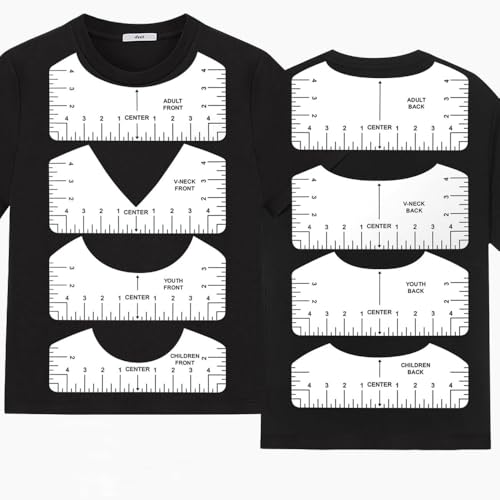 Image of T-Shirt Ruler Guide Set for Vinyl Alignment, 8 Pieces | PVC Templates with Black Scale Markings for Round and V-neck Placement; for Heat Press, Garment Printing and Vinyl Projects.