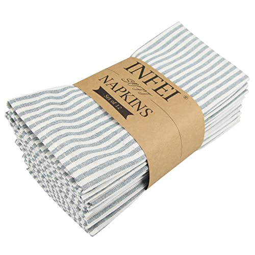 Plain Striped Cotton Linen Blended Dinner Cloth Napkins – Set of 12 (40 x 30 cm) – for Events & Home Use (Ocean)